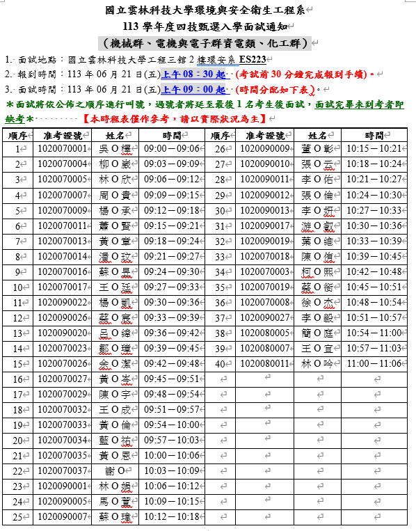113學年度四技甄選入學面試及術科時程表
